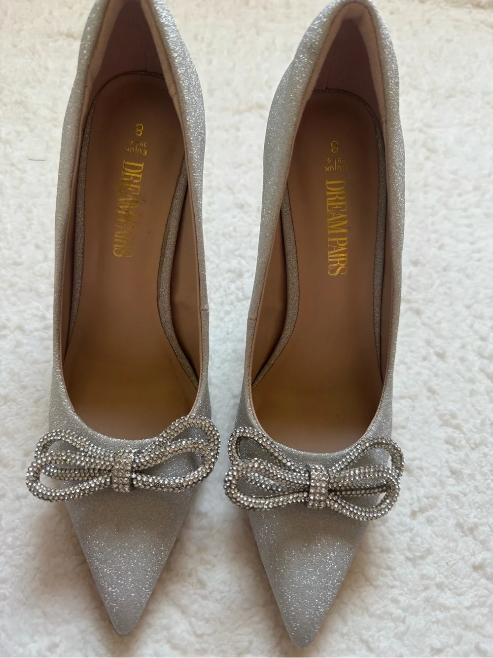 Dream Pairs Silver Glitter Rhinestone Bow Pointed Toe Stiletto Heels 8